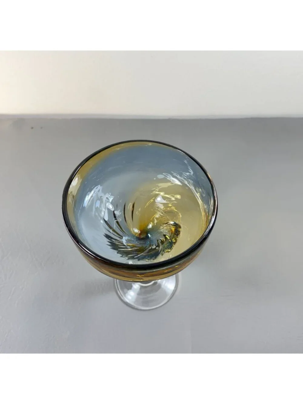 Vintage Pier 1 Hand Blown Blue Amber Swirl Ombre Margarita Glass Barware